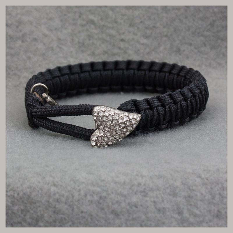 Parachute Cord Bracelet - Black w/ Silver Crystal Heart