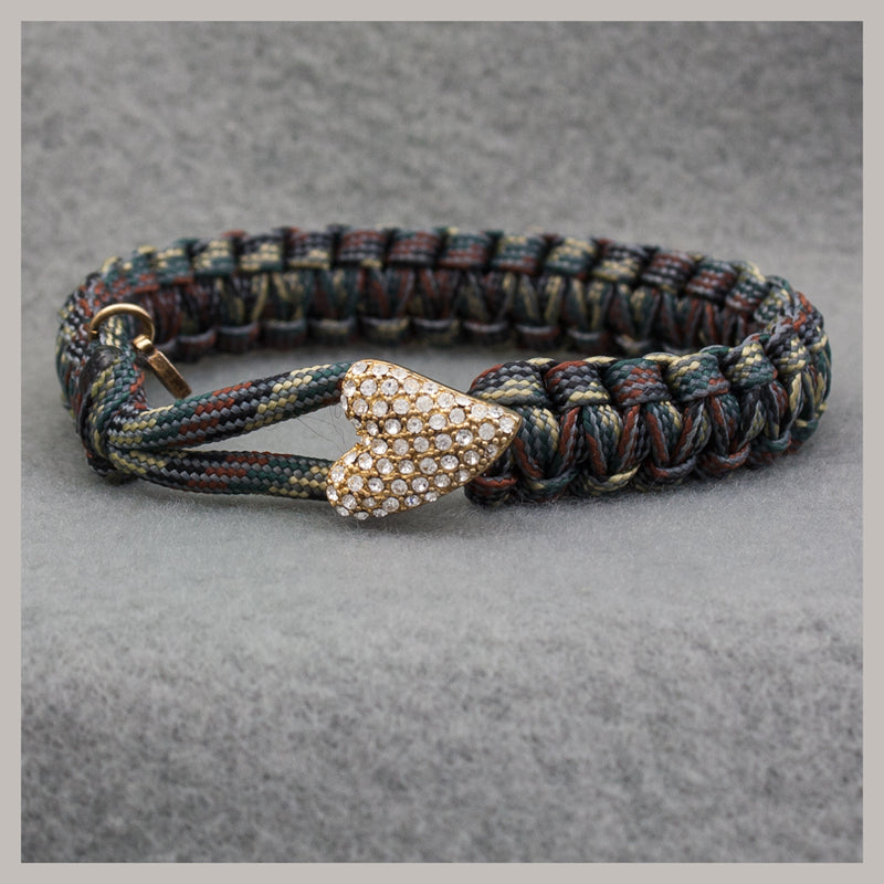 Parachute Cord Bracelet - Camouflage w/ Gold Crystal Heart